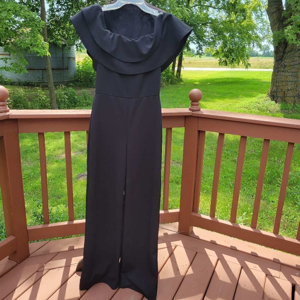 Fashion Nova Black Flounce Double Ruffle Off The Shoulder Neckline Jumpsuit Sz M